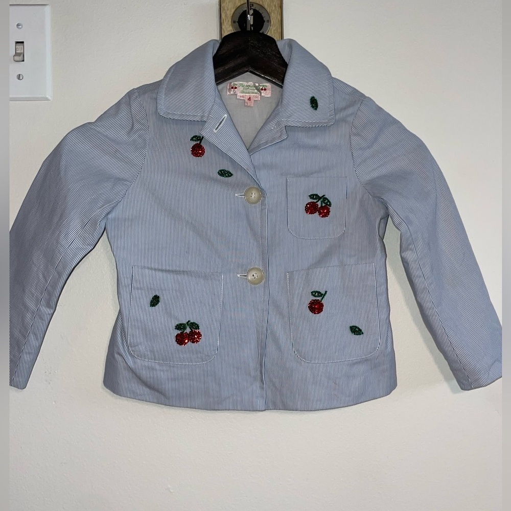 Bonpoint Girls Garance Ra Bleu Cherry Sequin Seersucker Blazer